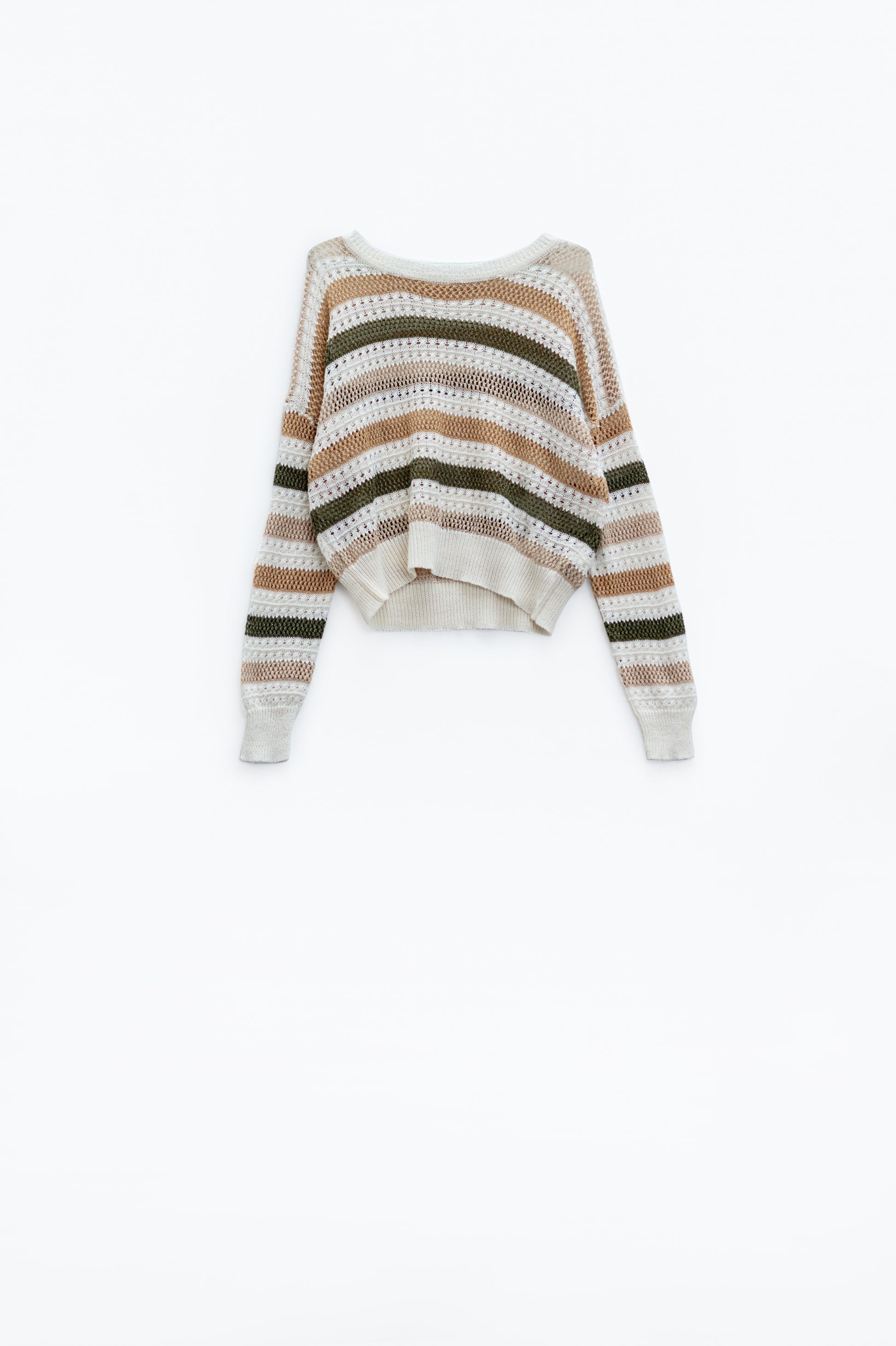Q2 Boat Neck Long Sleeve Crochet White Sweater With Brown Stripes