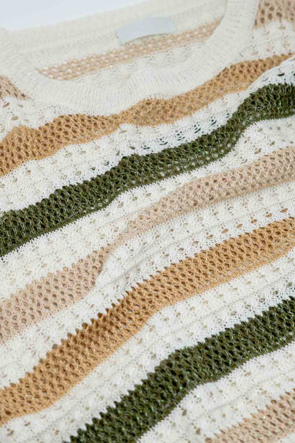 Boat Neck Long Sleeve Crochet White Sweater With Brown Stripes