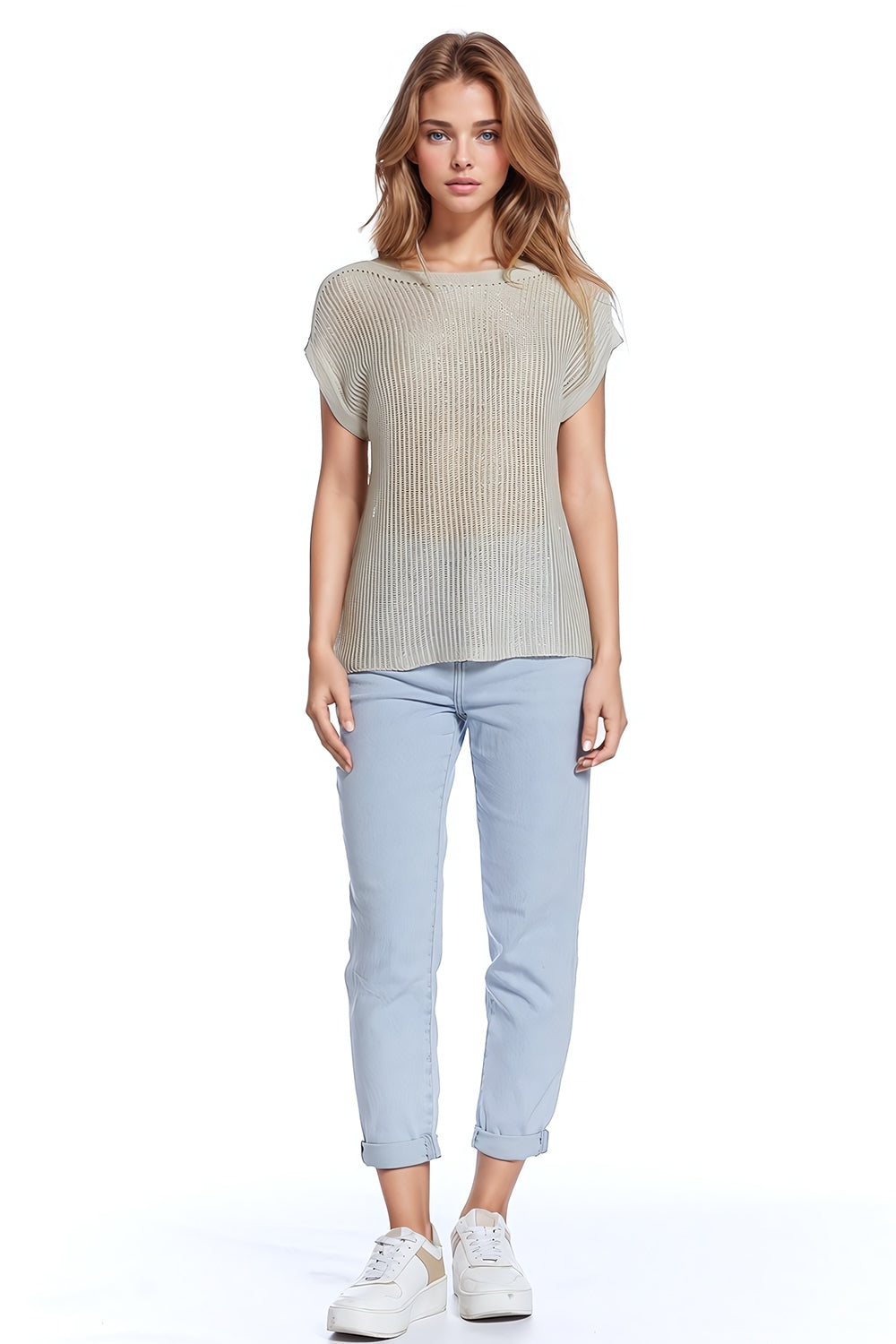 Boat neck ribbed sweater with cap sleeves in beige