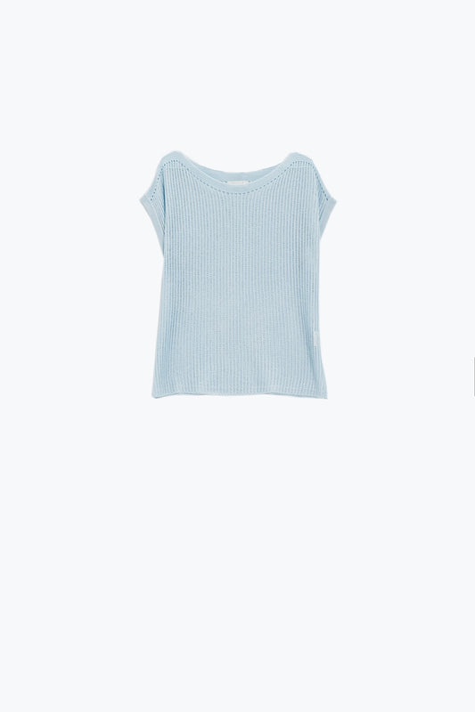 Q2 Boat Neck Ribbed Sweater With Cap Sleeves in blue