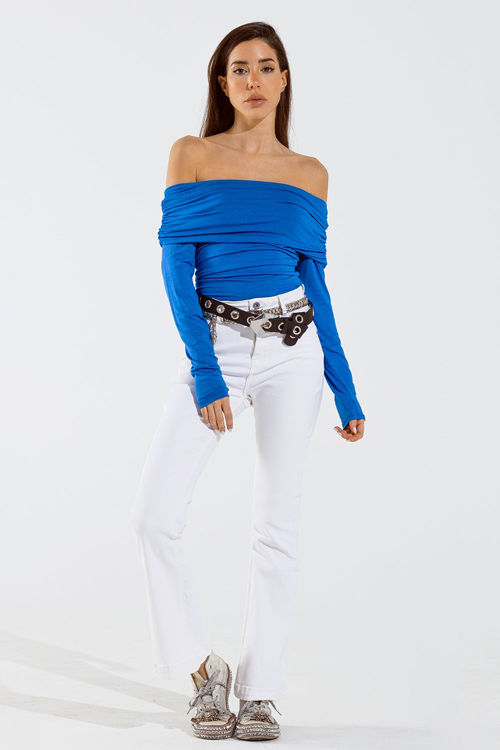 Bodycon off-shoulder top in blauw