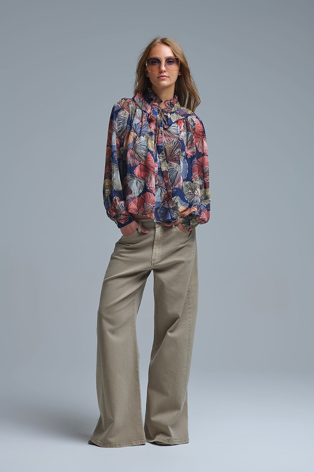 Boho-Chic Printed Ruffle Blouse in Metallic Palms Print