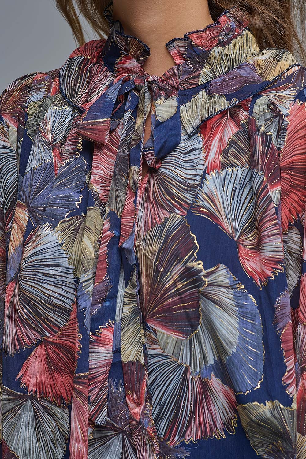 Boho-Chic Printed Ruffle Blouse in Metallic Palms Print