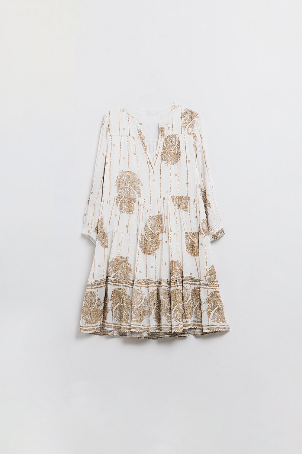Boho Long Sleeve Dress With Leaf Print and Lurex Details in White