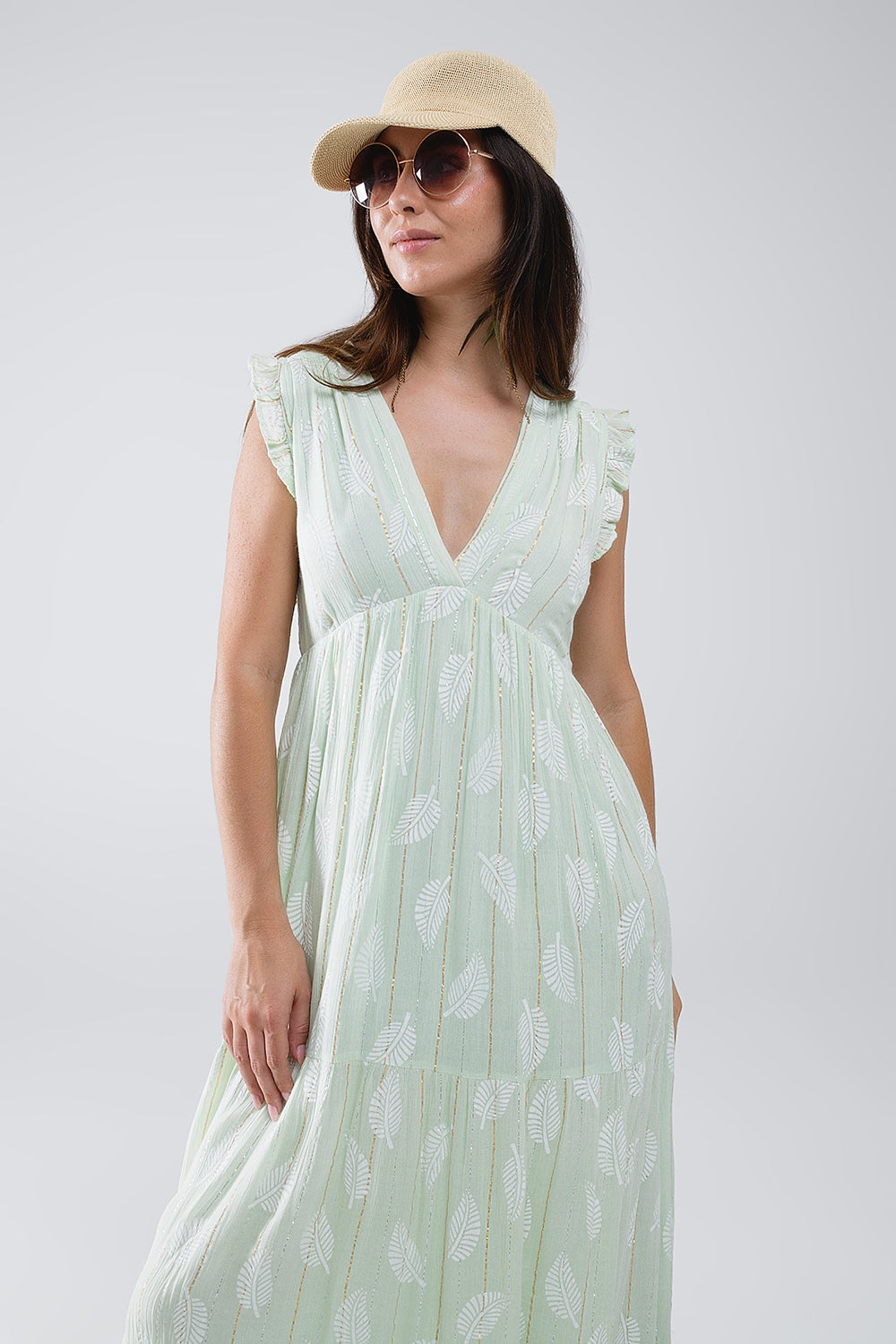 Boho Maxi Babydoll Jurk met Bladprint en Lurex in Mint