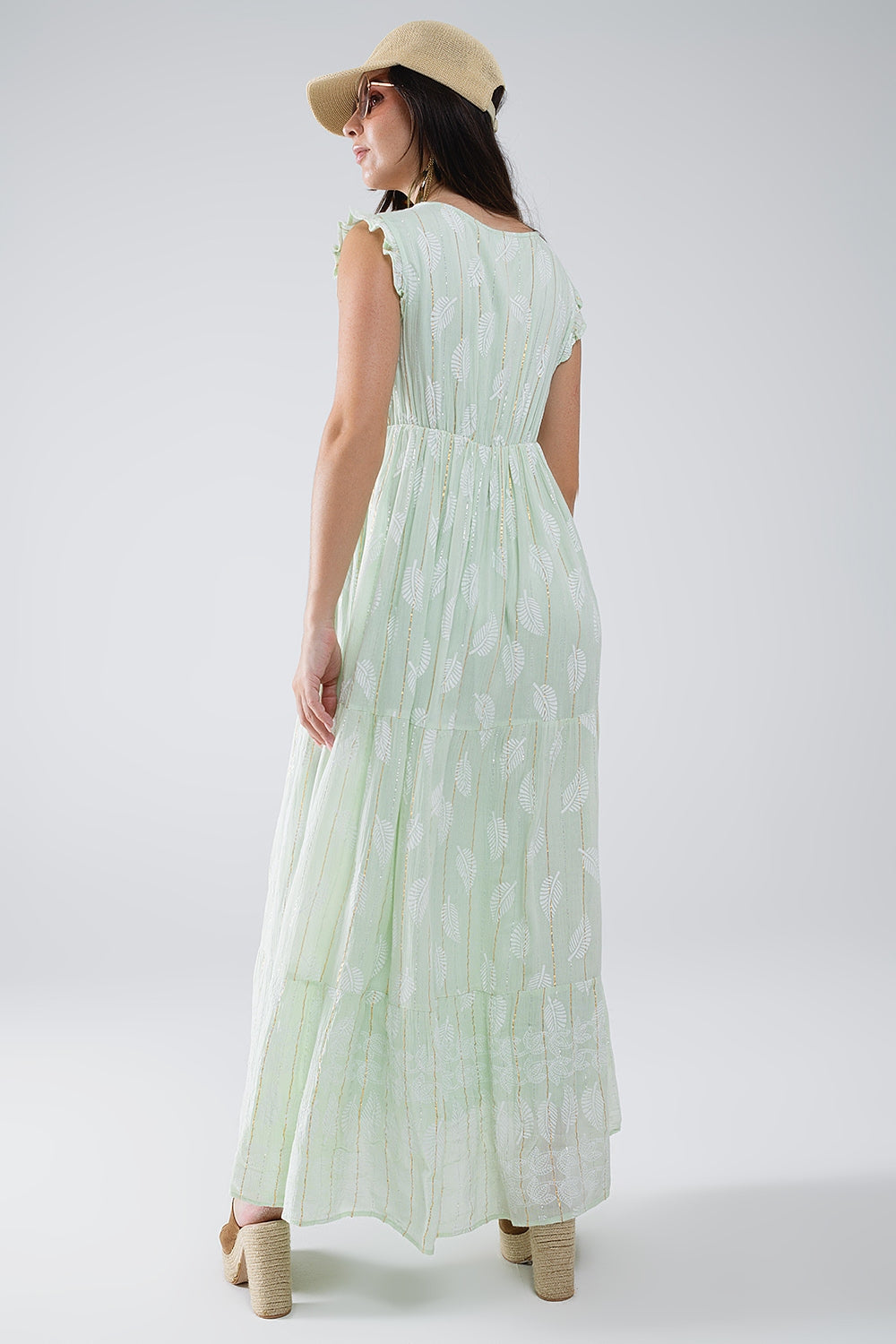Boho Maxi Babydoll Jurk met Bladprint en Lurex in Mint