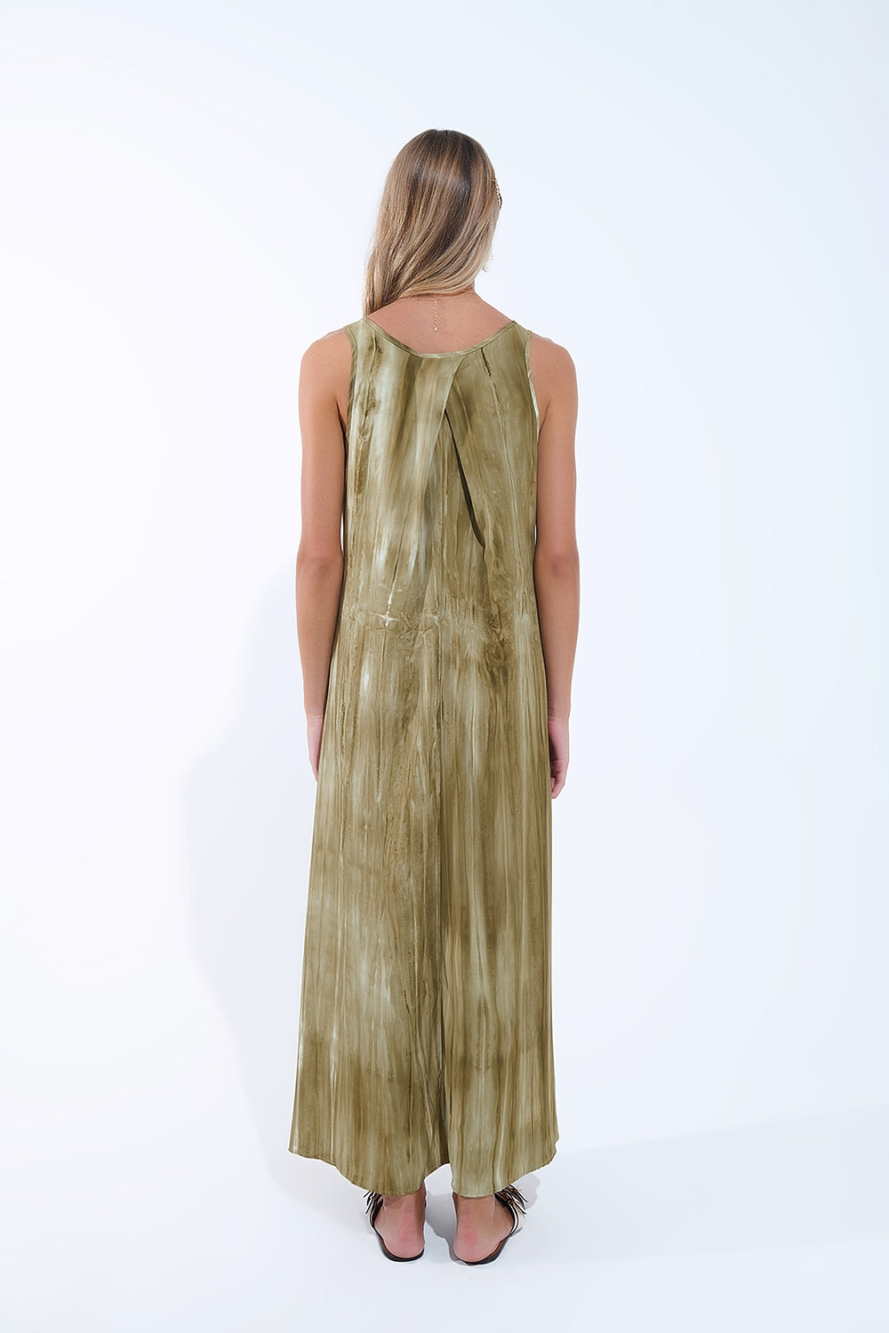 Boho Relaxed Dress in Kakhi Green Tie Dye in high quality fabric