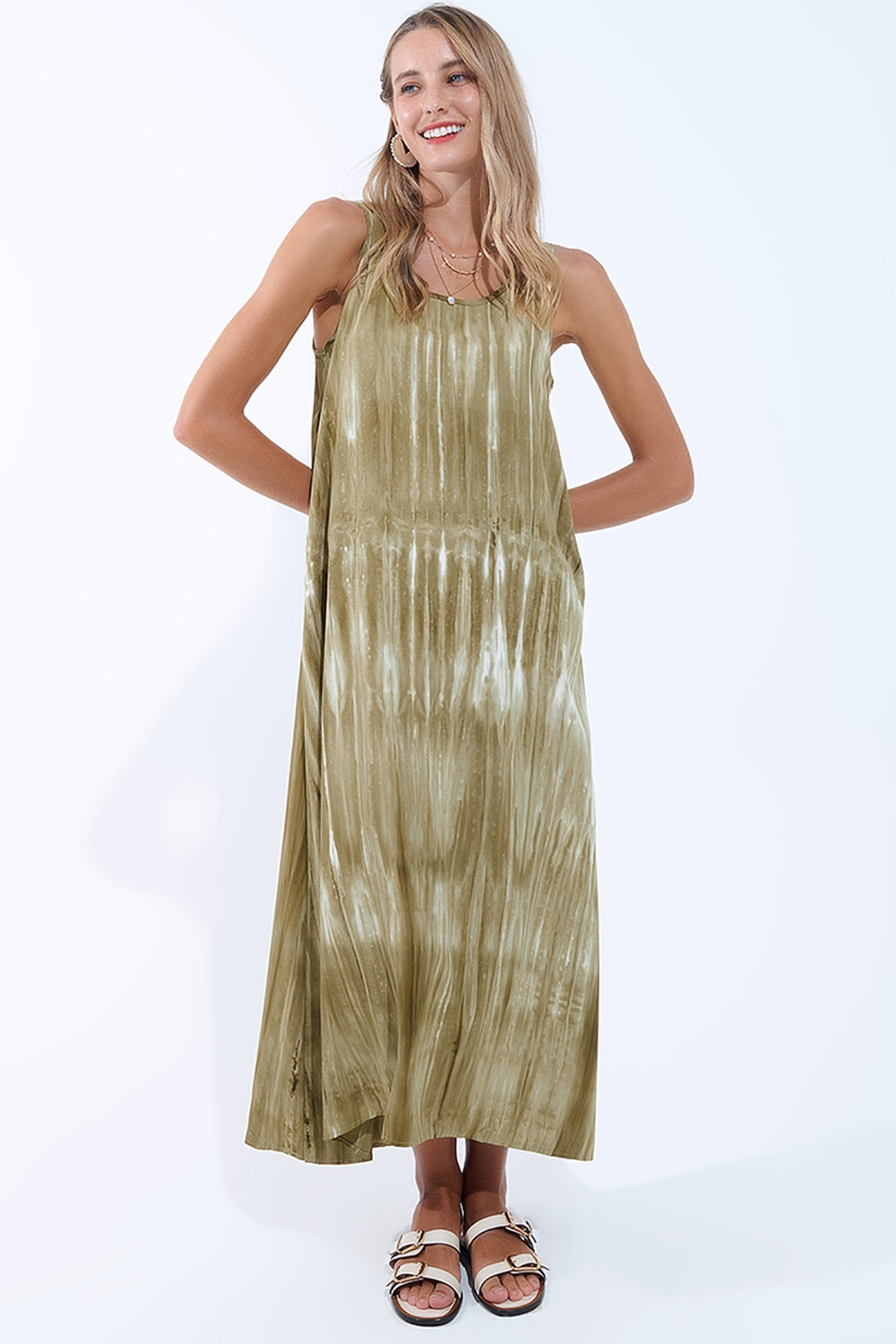 Boho Relaxed Dress in Kakhi Green Tie Dye in high quality fabric