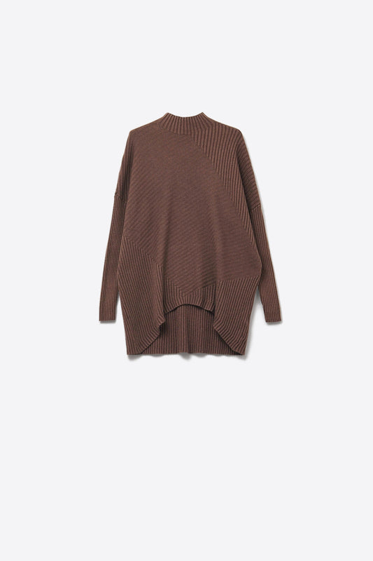 Q2 Brown Asymmetric Ribbed Knit Sweater Tunic