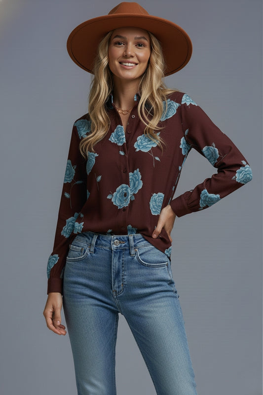 Q2 Brown Button-Up Shirt with Light Blue Floral Print in satin