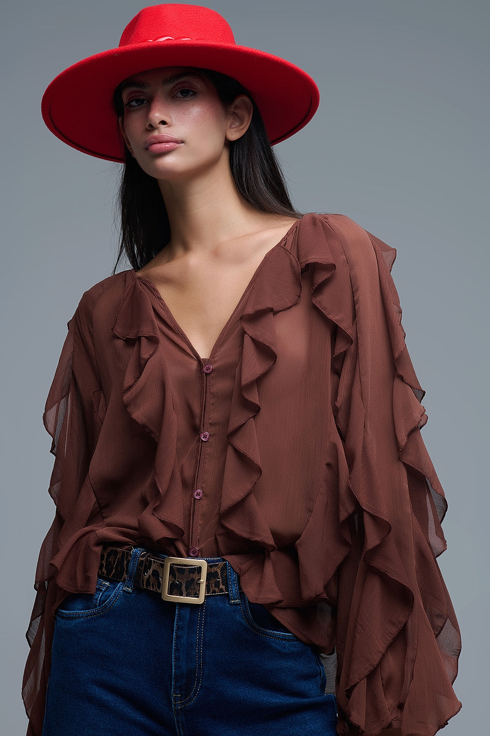 Brown chiffon V-Neck All Over Ruffle Blouse