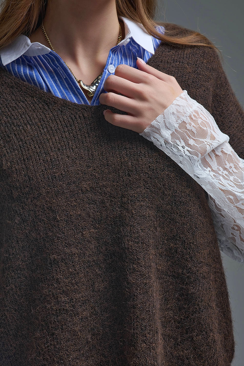 Brown Contrast V-Neck Sweater with Contrasting White lace Sleeves