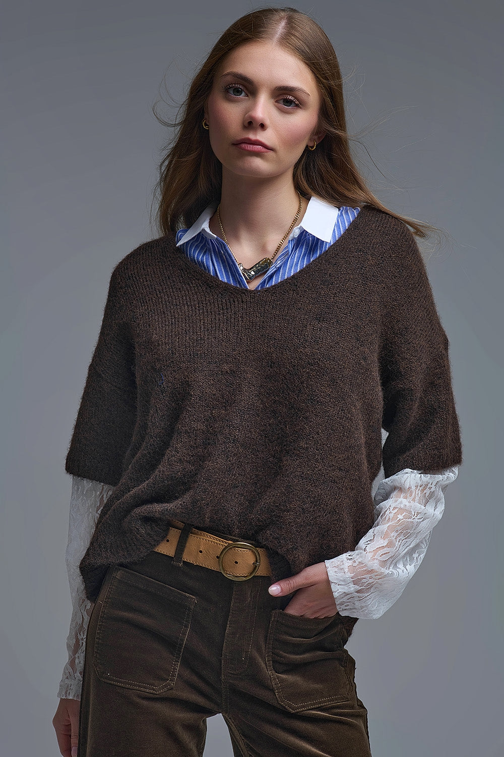 Q2 Brown Contrast V-Neck Sweater with Contrasting White lace Sleeves