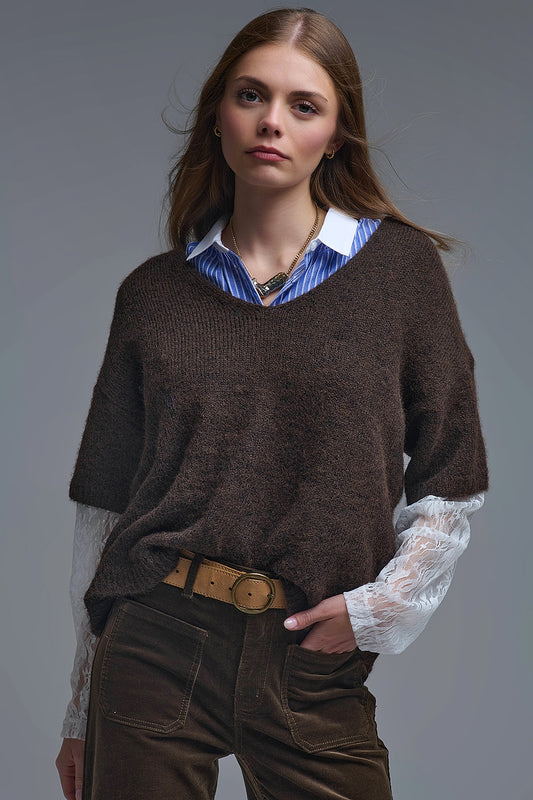 Q2 Brown Contrast V-Neck Sweater with Contrasting White lace Sleeves