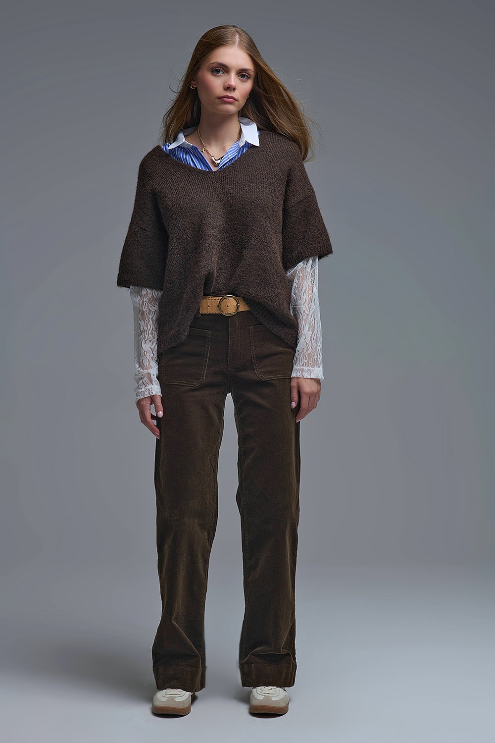 Brown Contrast V-Neck Sweater with Contrasting White lace Sleeves