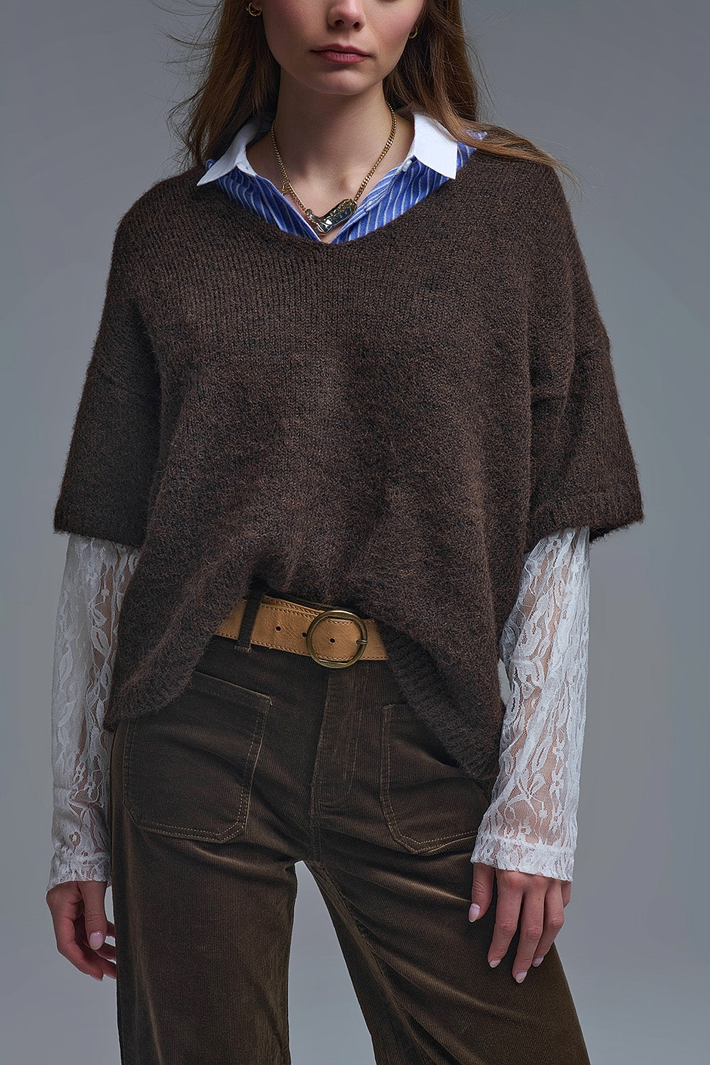 Brown Contrast V-Neck Sweater with Contrasting White lace Sleeves