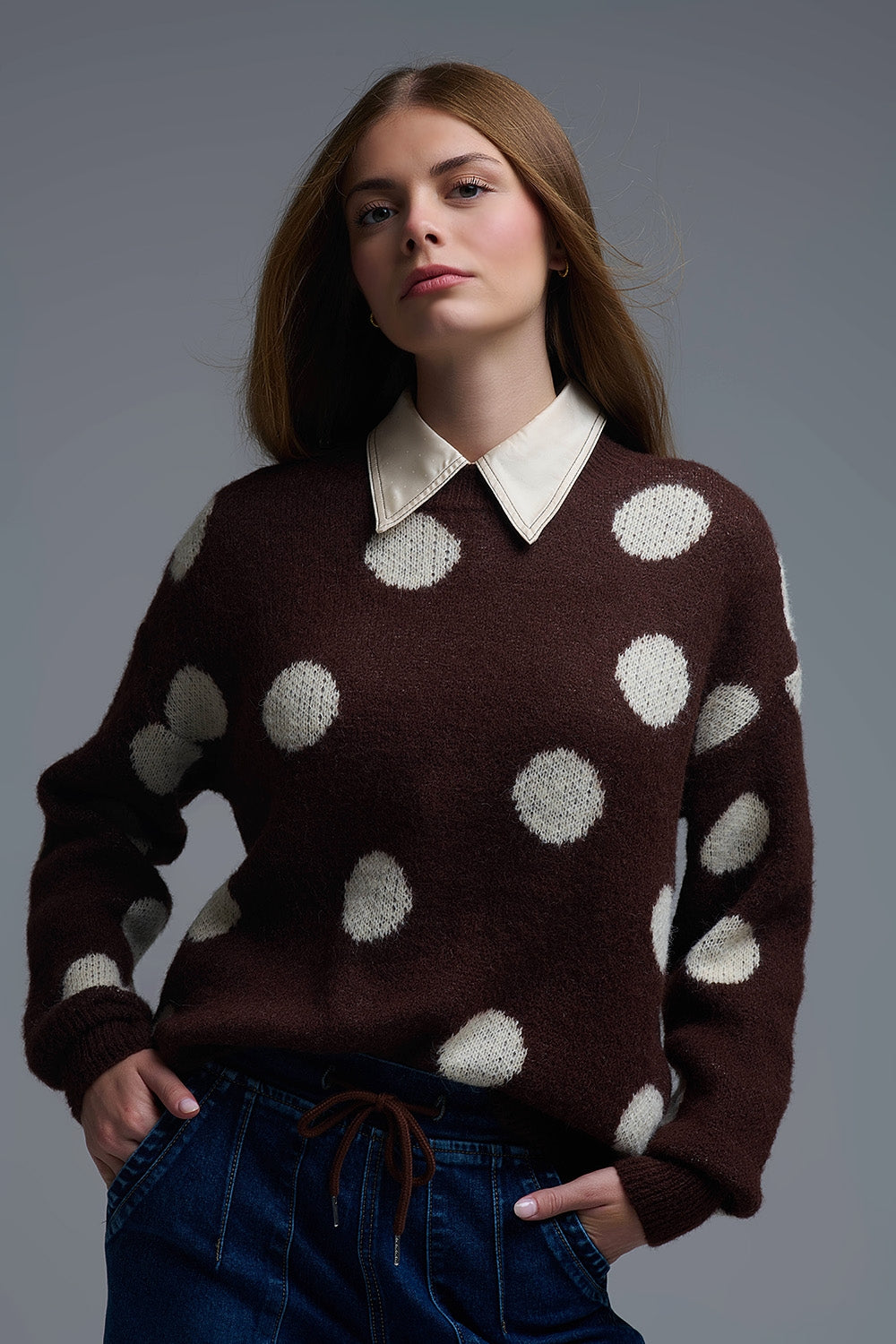 Q2 Brown Crew Neck Sweater with cream Polka Dot