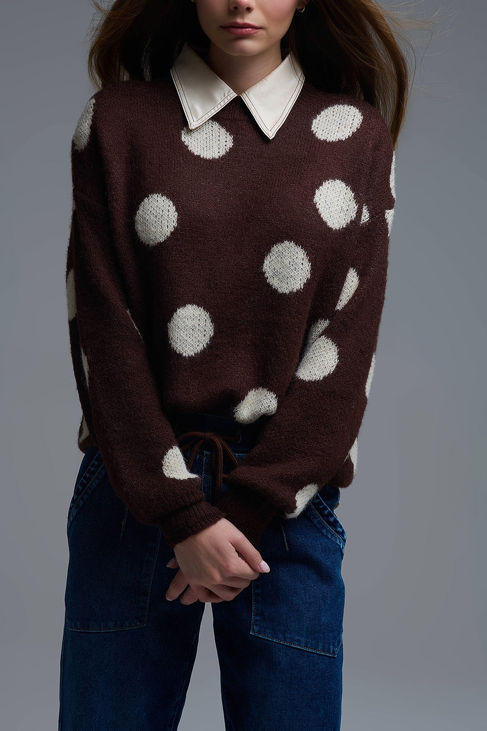 Brown Crew Neck Sweater with cream Polka Dot