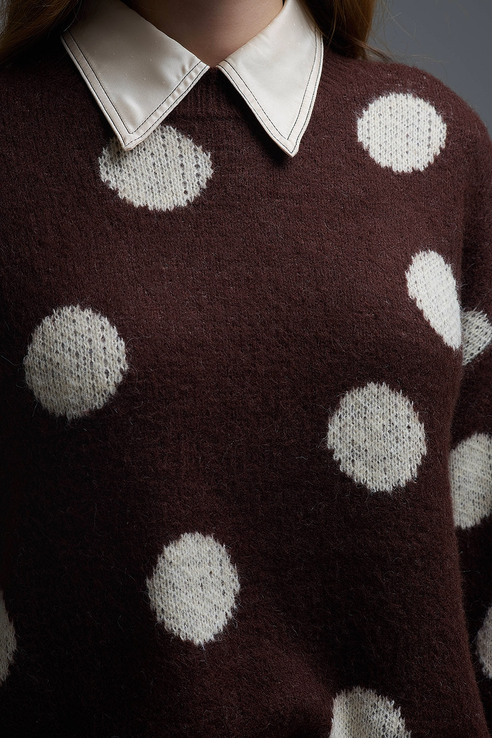 Brown Crew Neck Sweater with cream Polka Dot