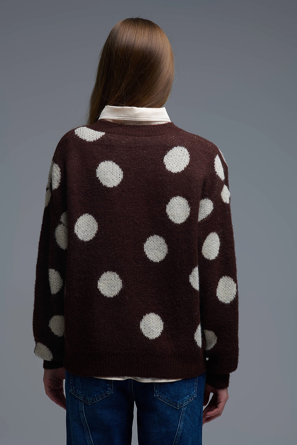 Brown Crew Neck Sweater with cream Polka Dot
