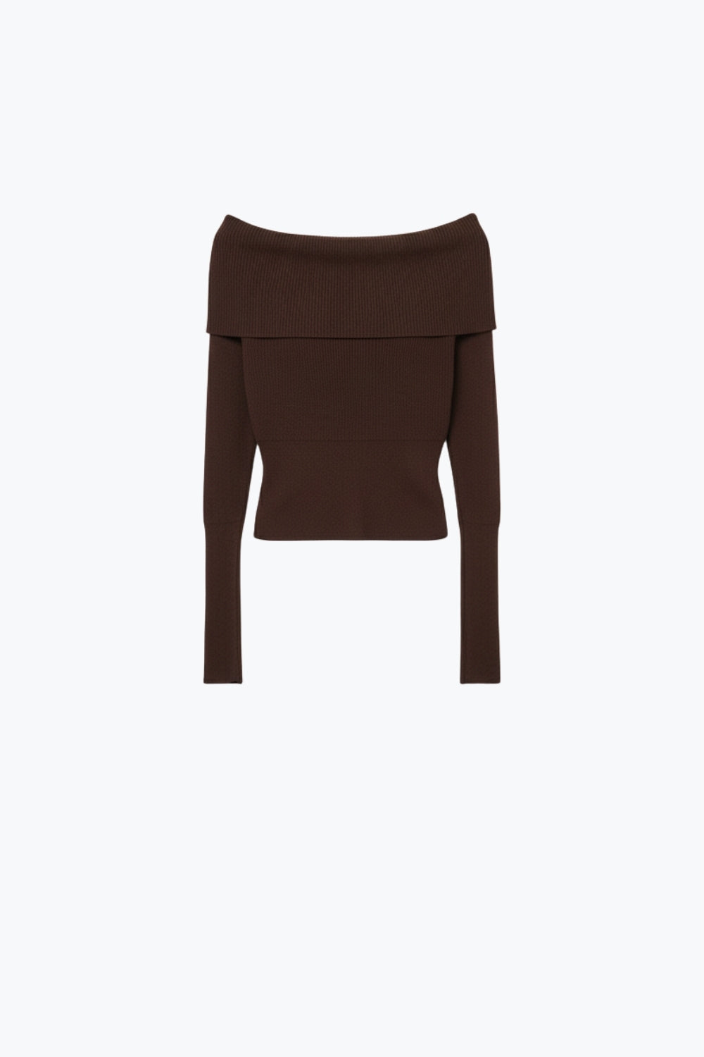 Q2 brown fine ribbed knit sweater with wide boat neck