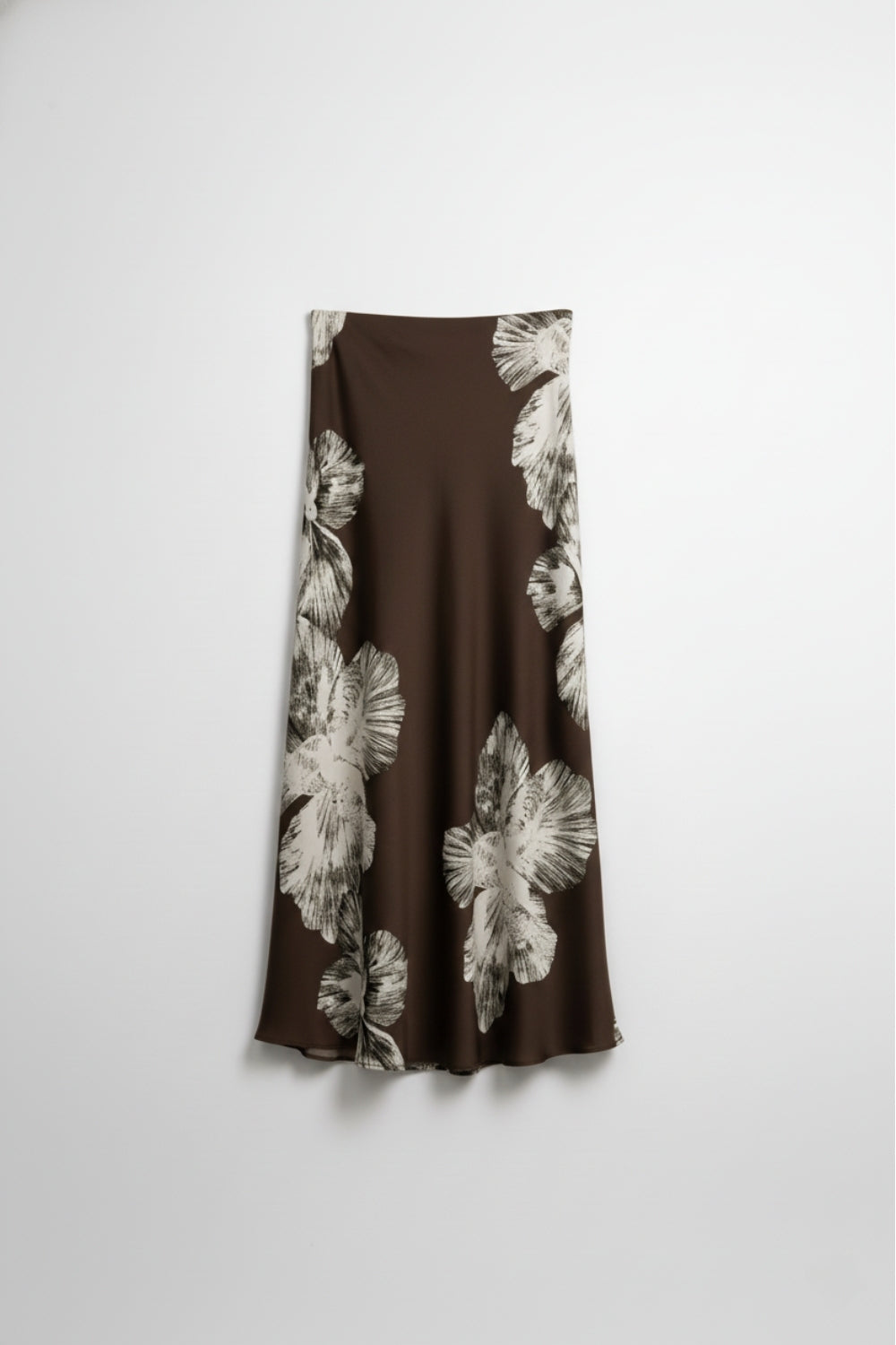 Brown Floral Satin Midi Skirt in satin