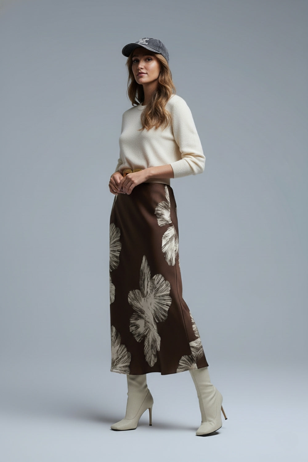 Brown Floral Satin Midi Skirt in satin