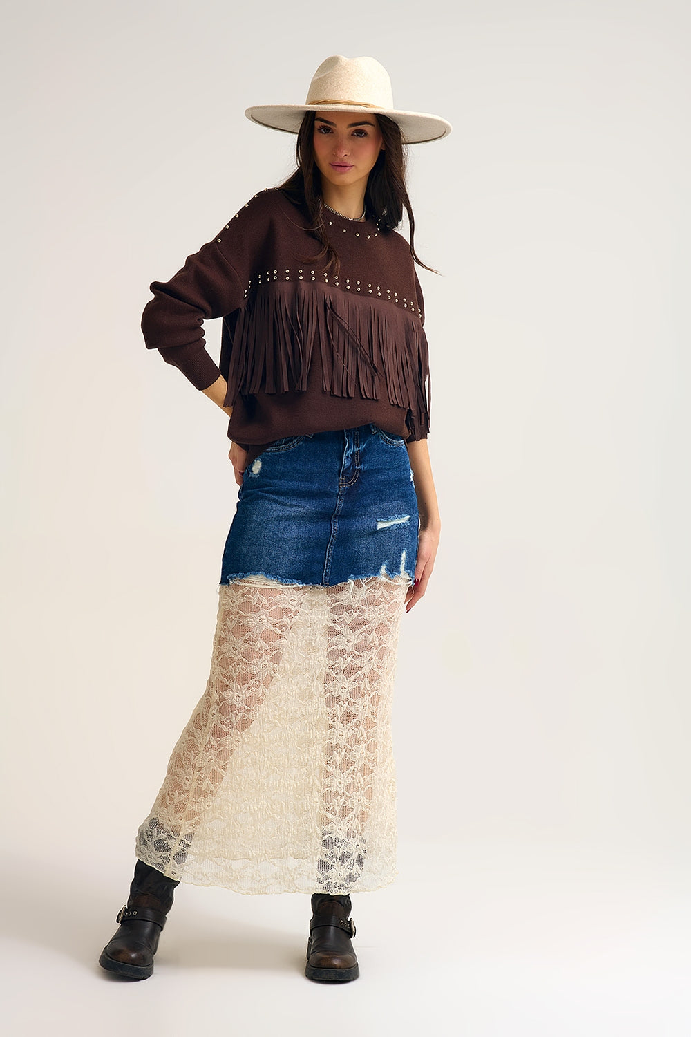 Brown Fringe Sweater with Metallic Details
