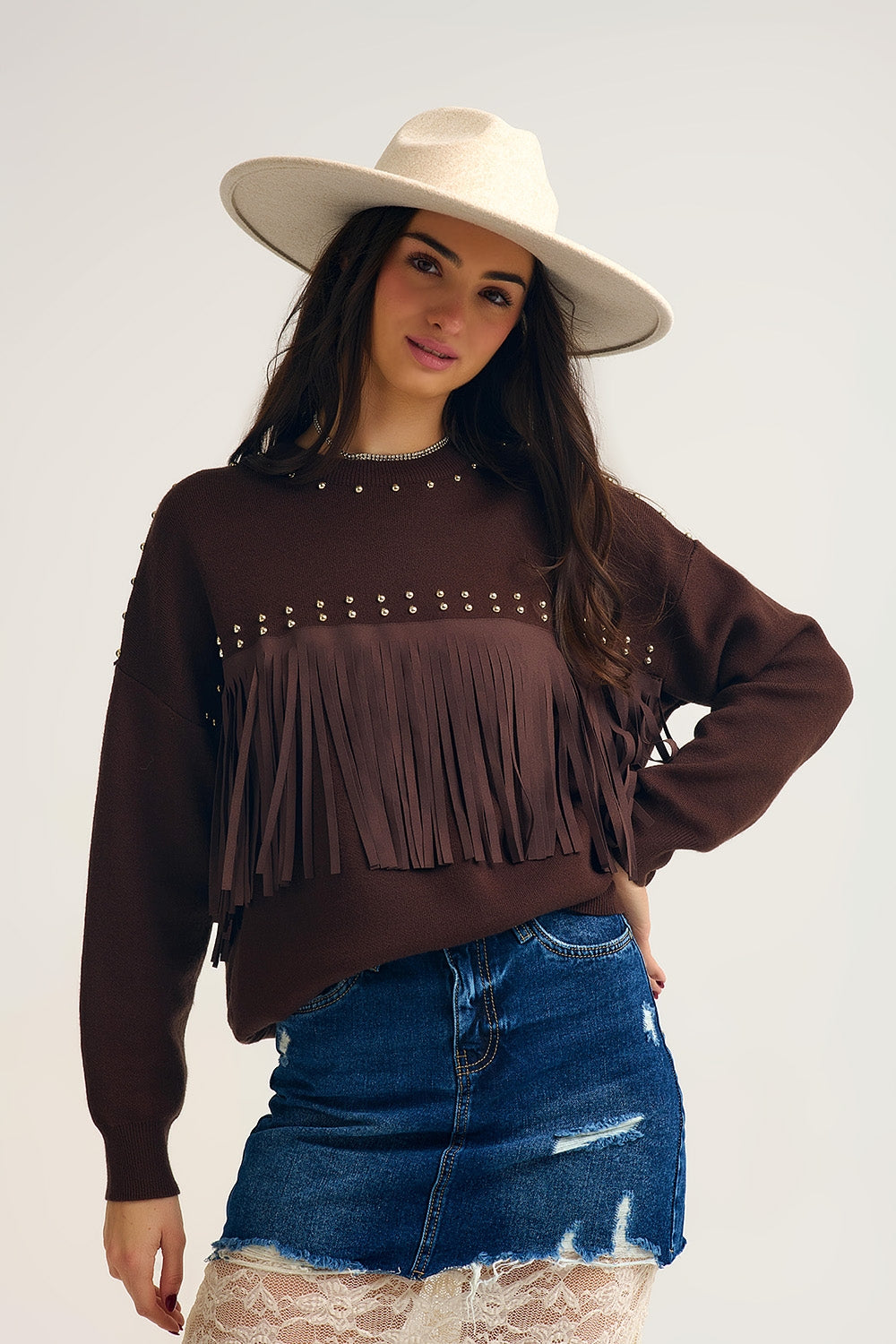 Brown Fringe Sweater with Metallic Details
