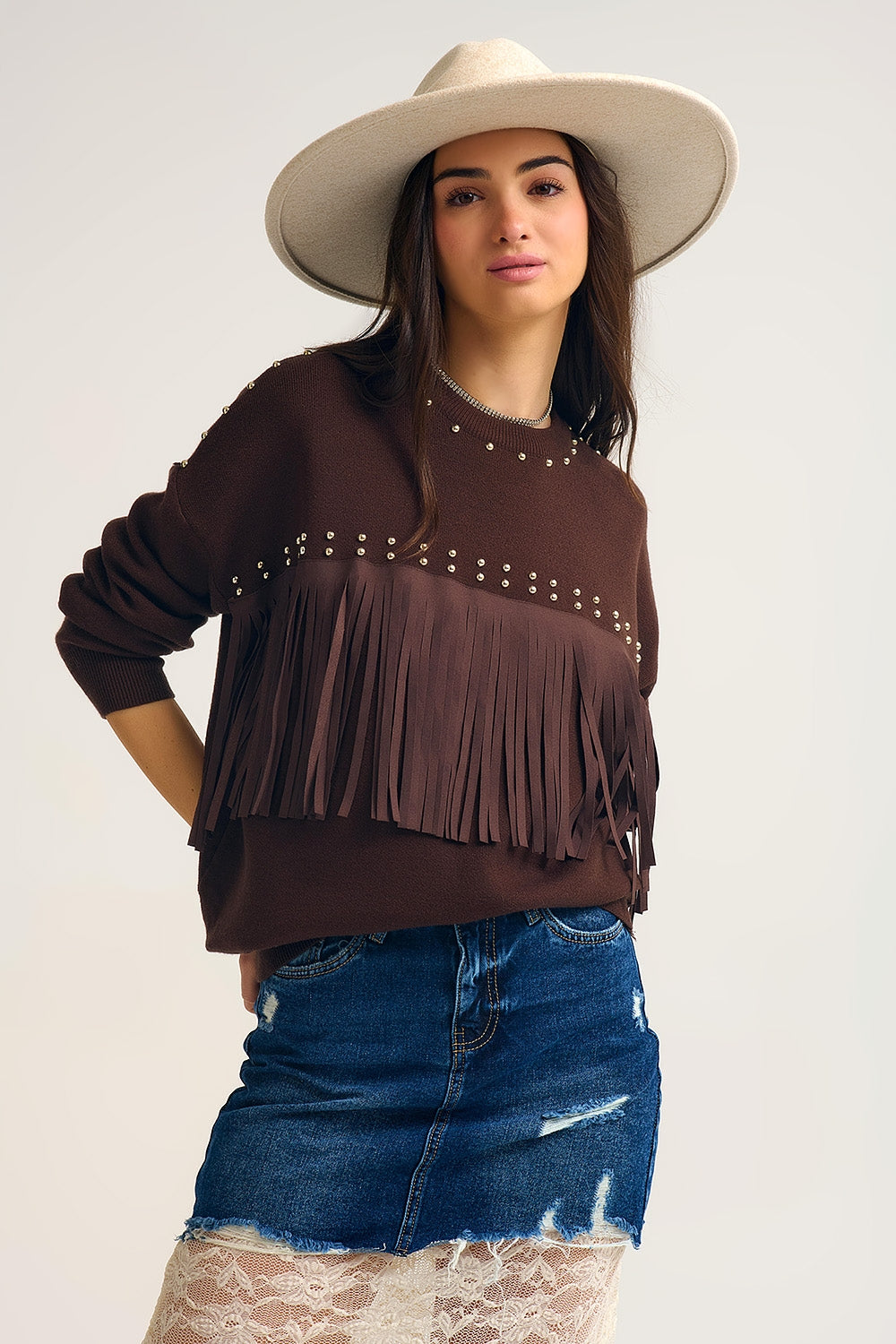 Brown Fringe Sweater with Metallic Details