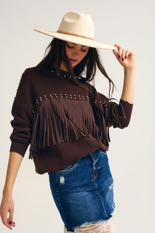 Q2 Brown Fringe Sweater with Metallic Details