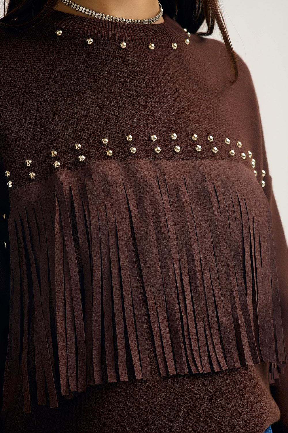 Brown Fringe Sweater with Metallic Details