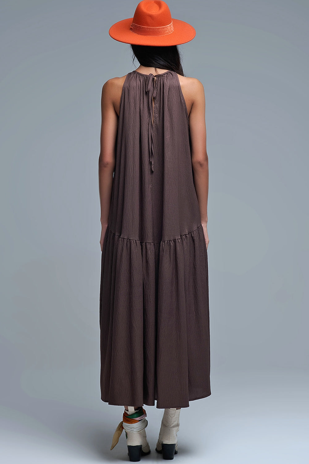 Brown Halter Neck Maxi Dress With Seam Detailing