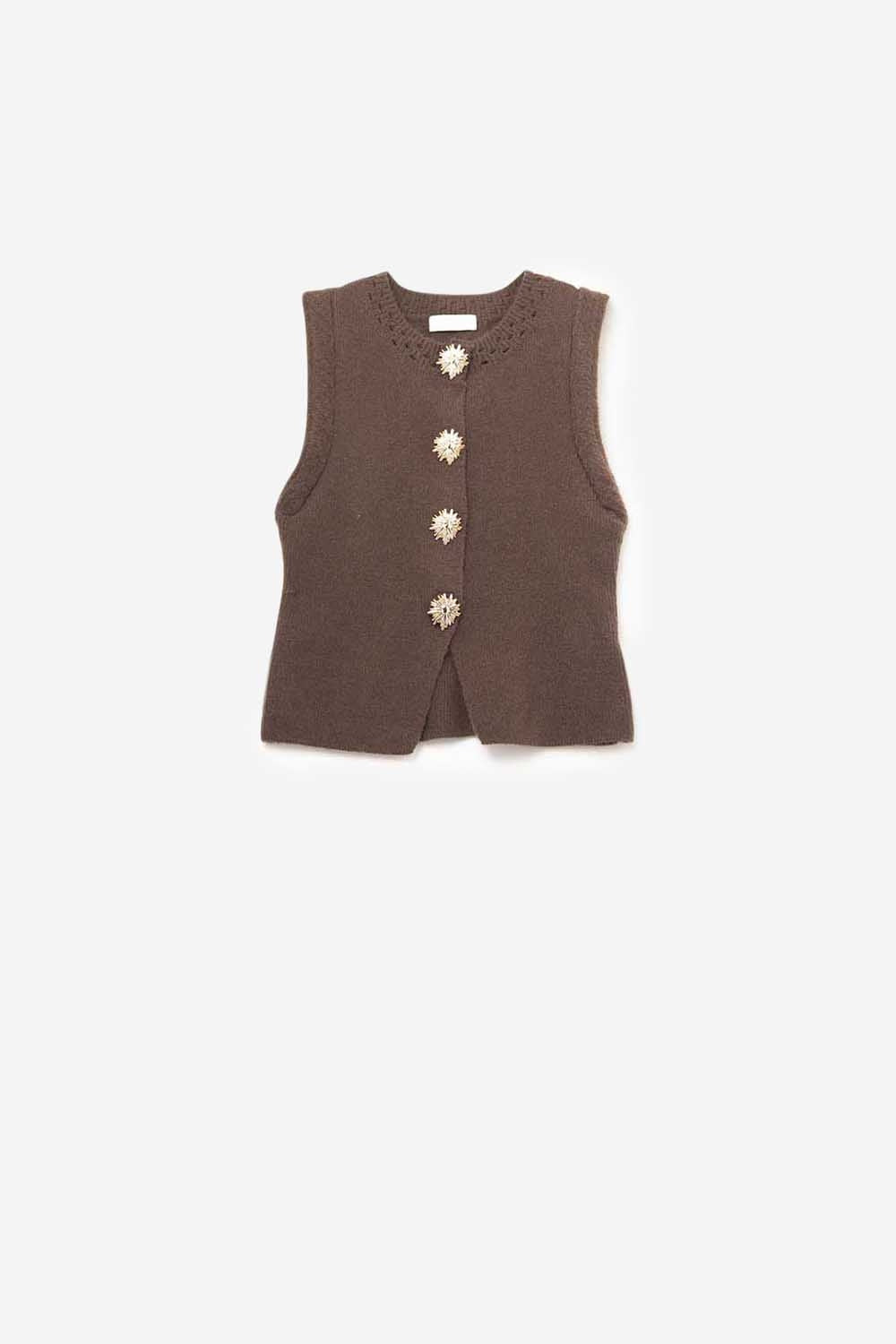 Brown knitted Vest with Gold Buttons