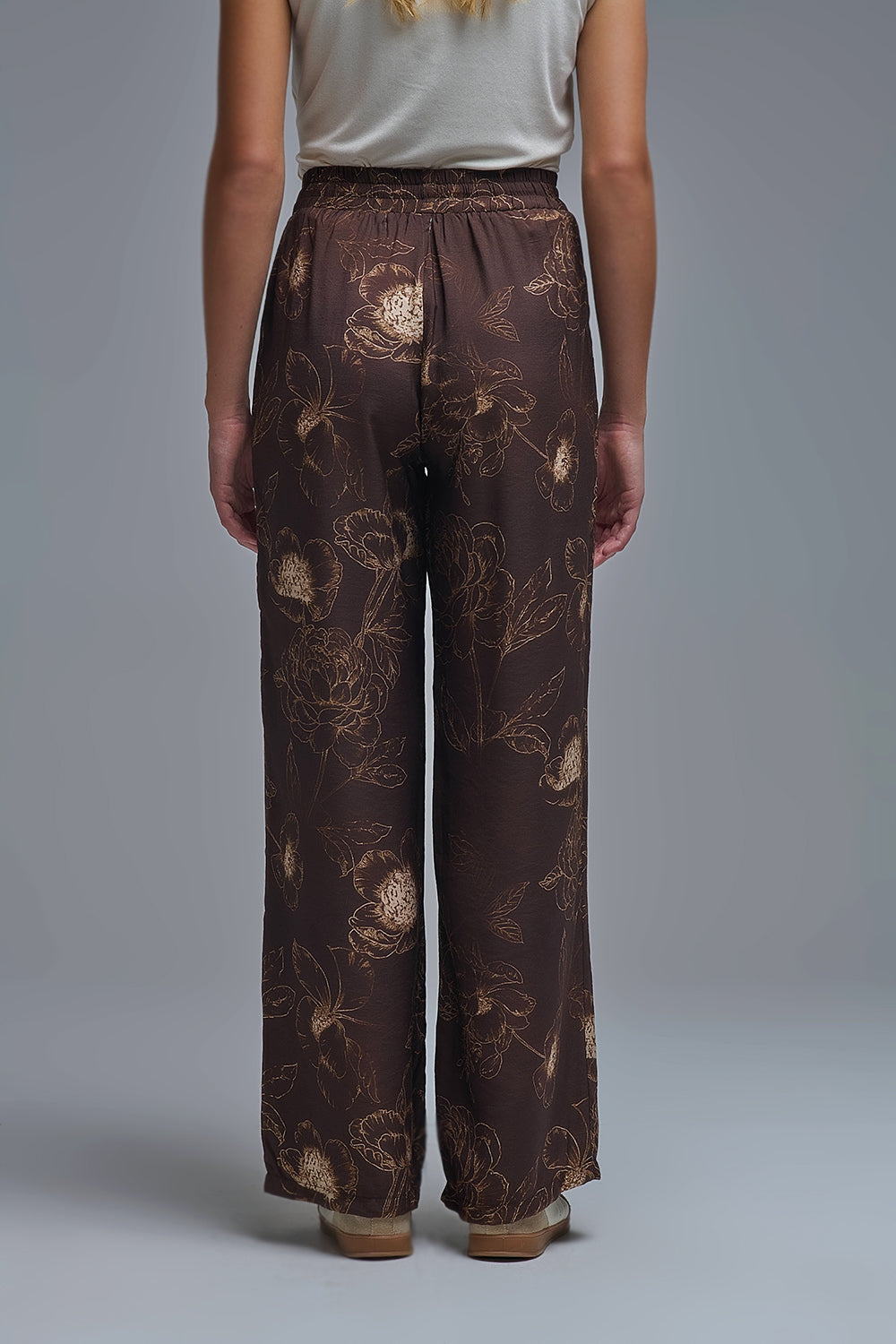 Brown Light-weight Flowy Pants in Autumnal Floral Print