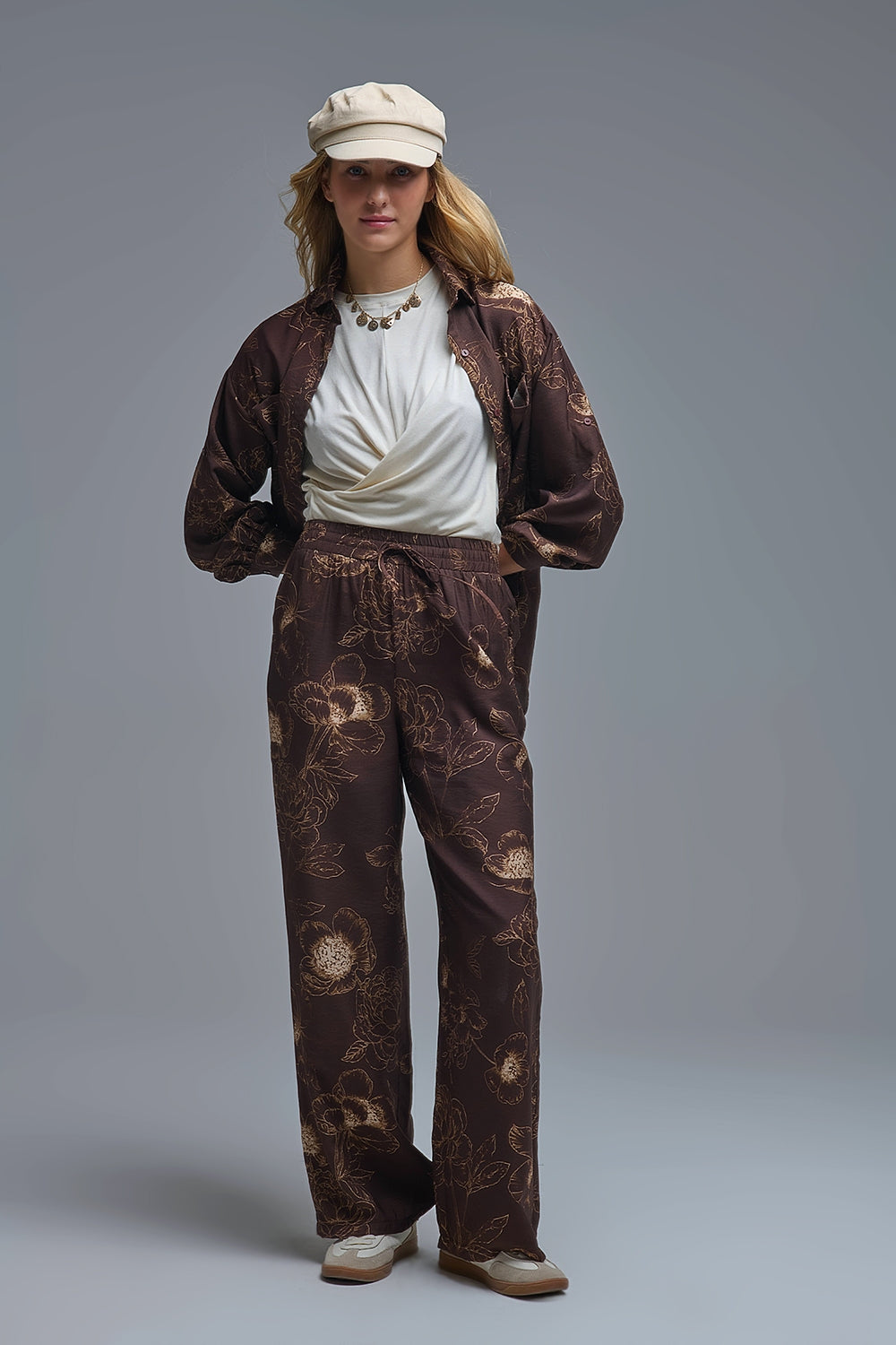 Brown Light-weight Flowy Pants in Autumnal Floral Print