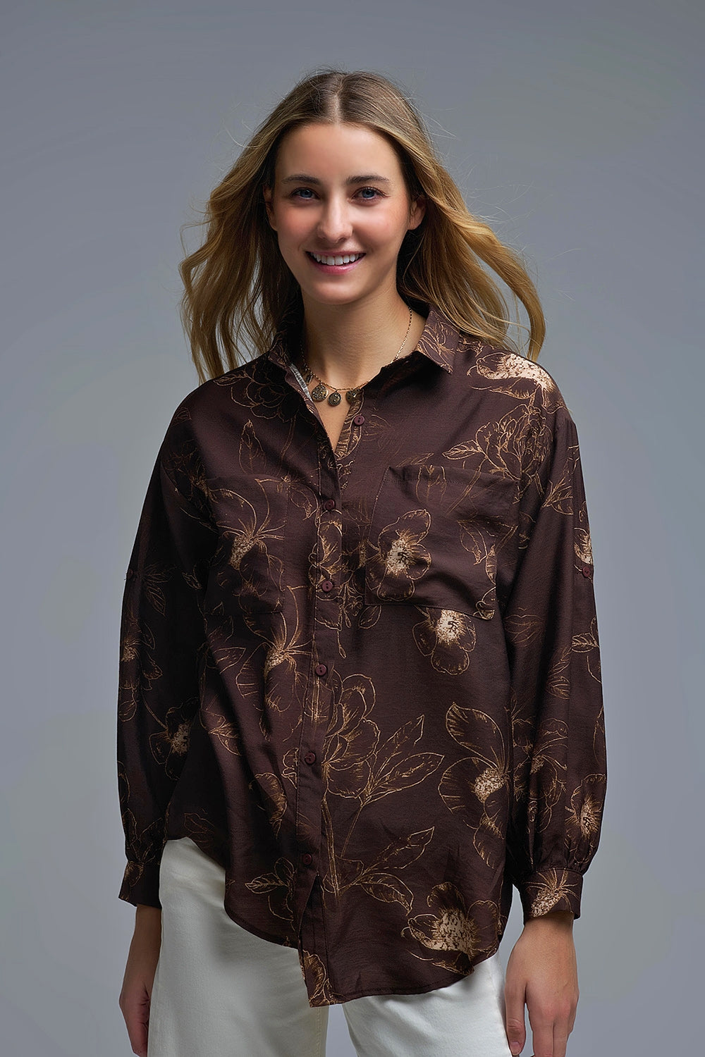 Brown Light-weight Flowy shirt in Autumnal Floral Print