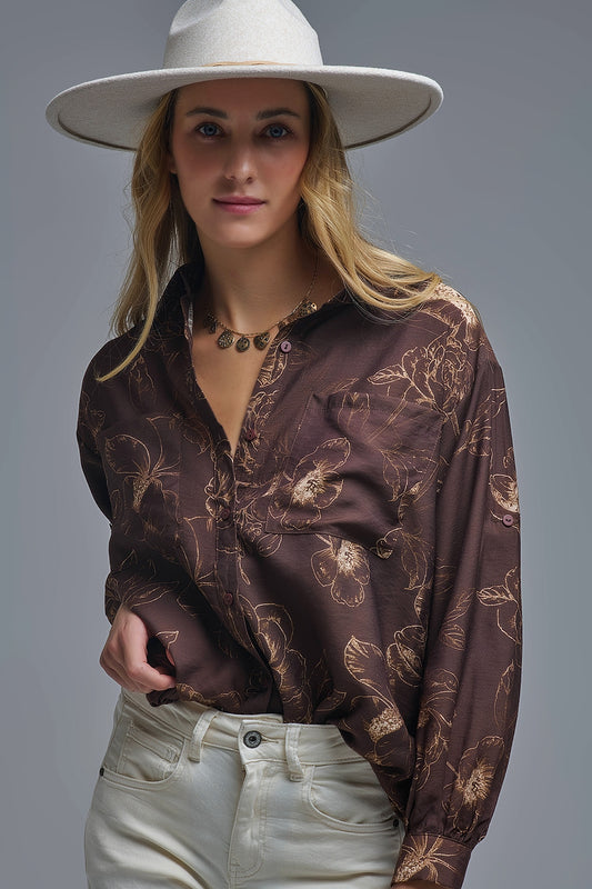 Q2 Brown Light-weight Flowy shirt in Autumnal Floral Print