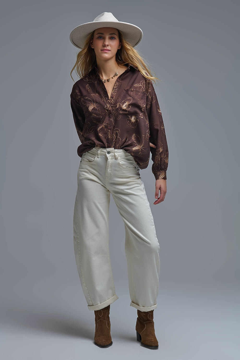 Brown Light-weight Flowy shirt in Autumnal Floral Print
