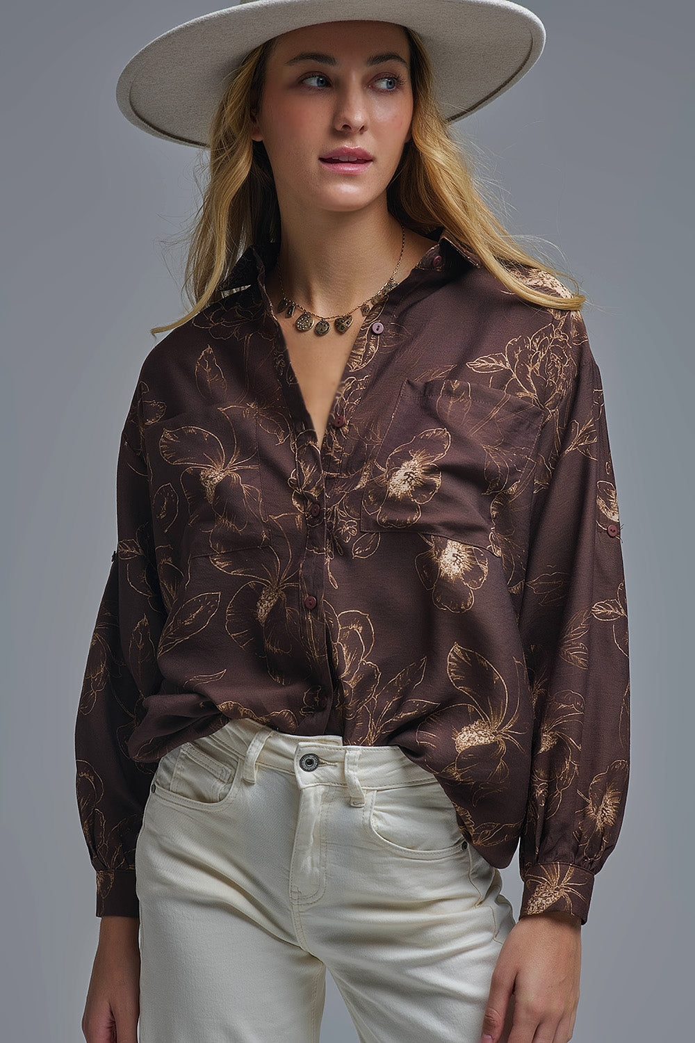 Brown Light-weight Flowy shirt in Autumnal Floral Print