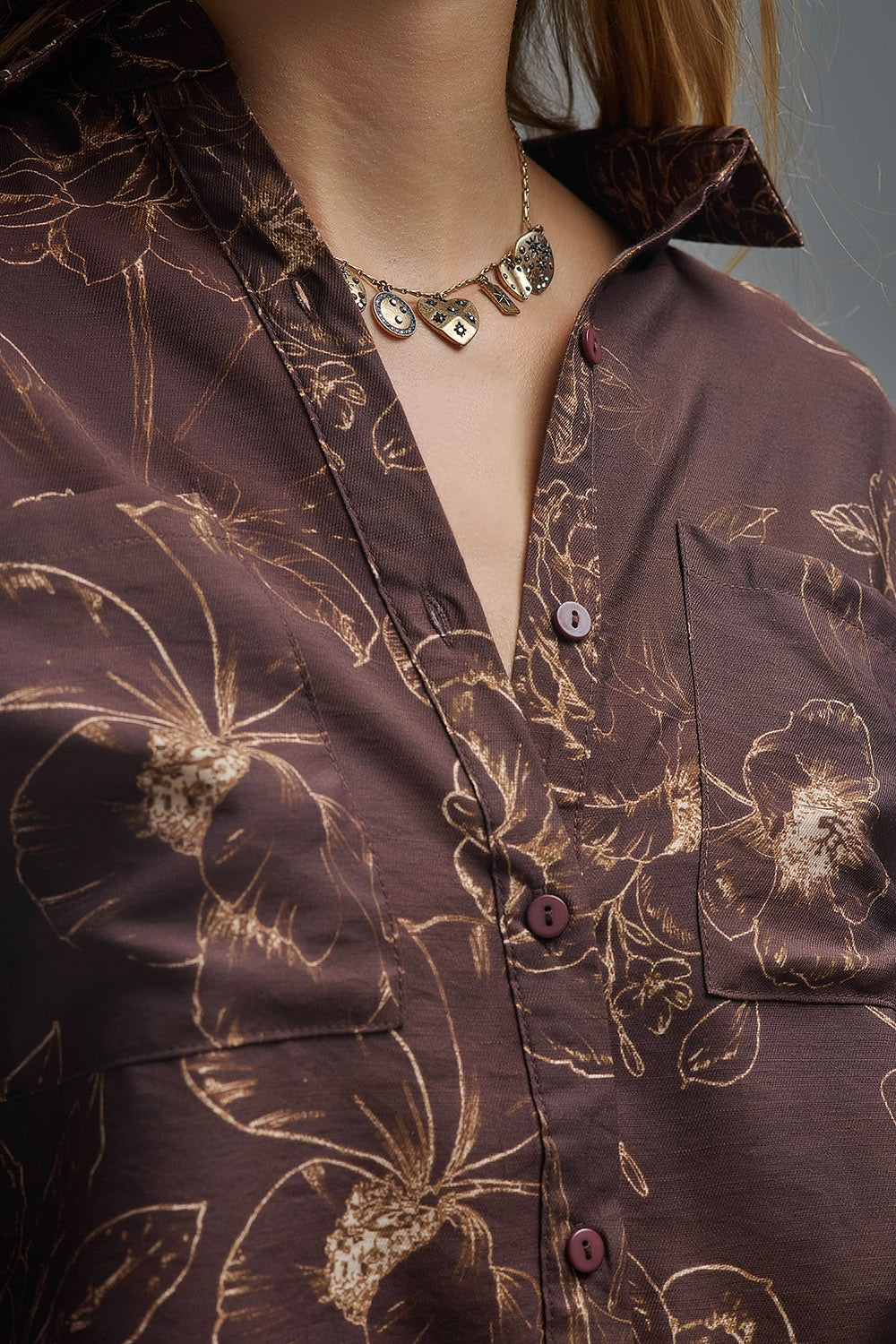 Brown Light-weight Flowy shirt in Autumnal Floral Print