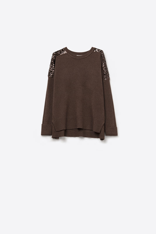 Q2 Brown Long Sleeves Sweater With Sequins on The Shoulders