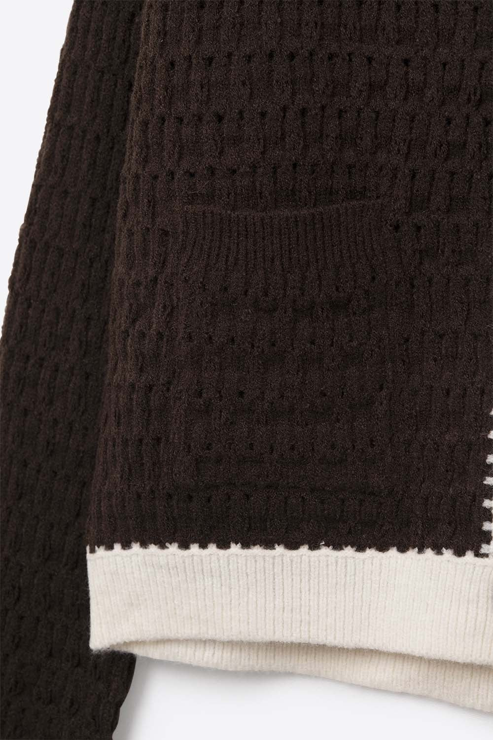 Brown Open-Knit Cardigan with Contrast Trim