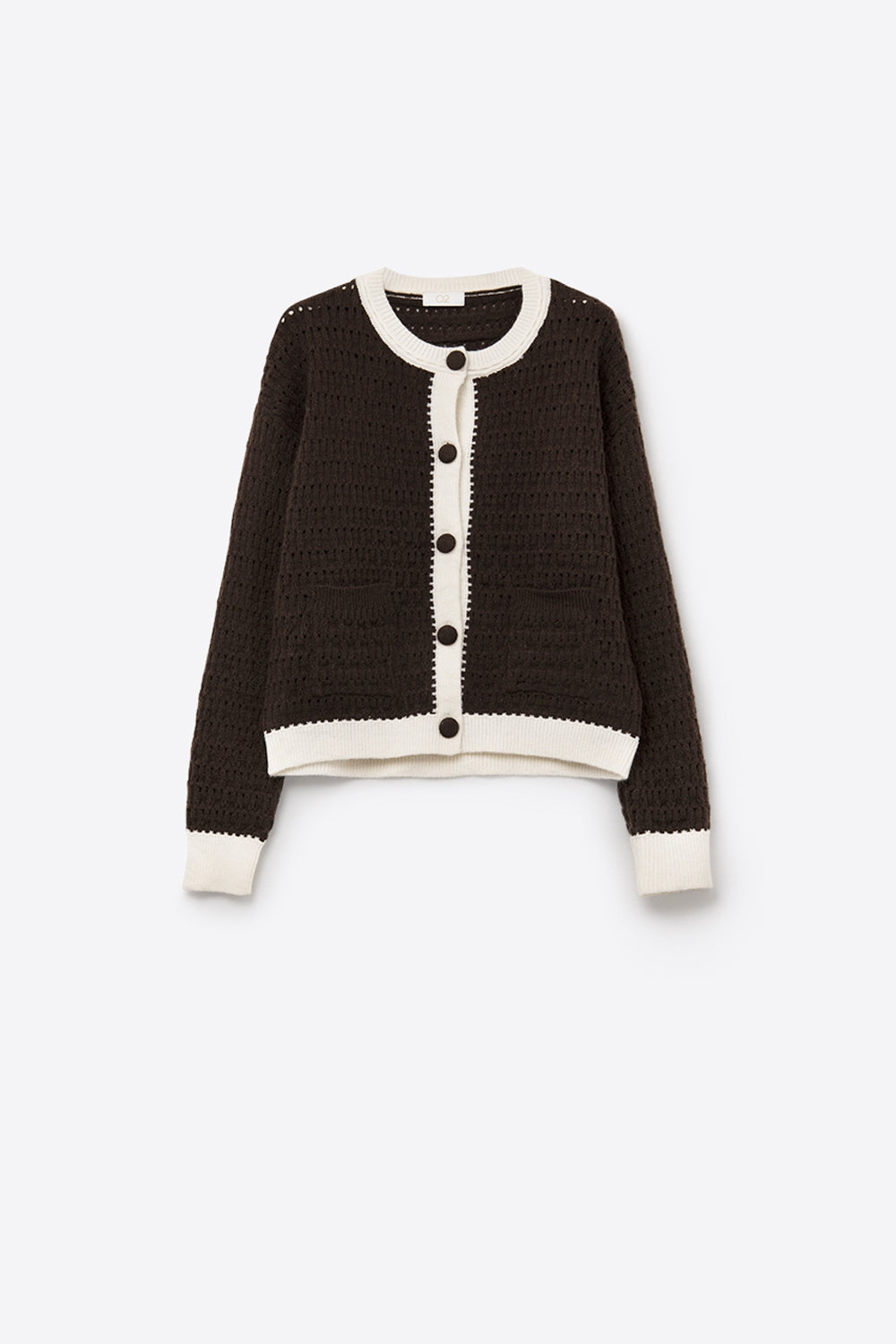 Q2 Brown Open-Knit Cardigan with Contrast Trim