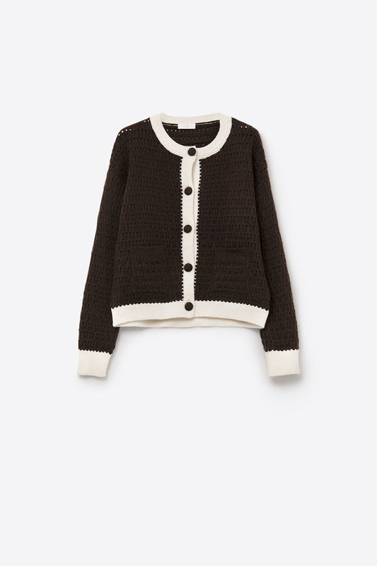Q2 Brown Open-Knit Cardigan with Contrast Trim