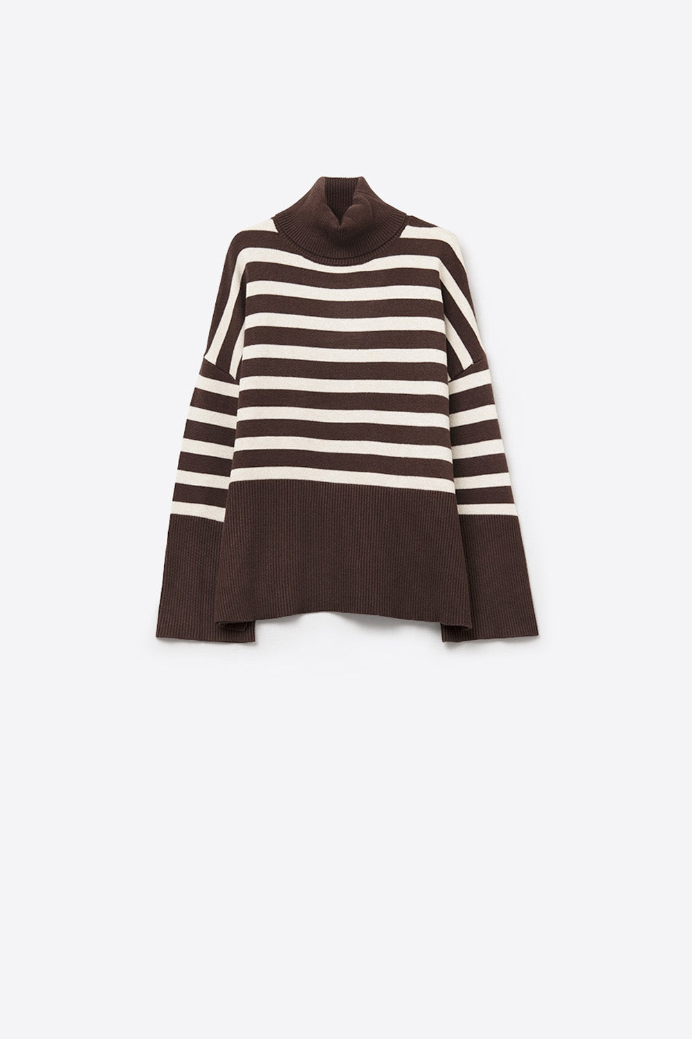 Q2 Brown oversized turtleneck sweater with white stripes and splits on the side
