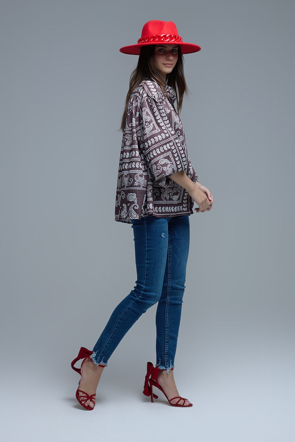 Brown Paisley Shirt With Voluminous Sleeves