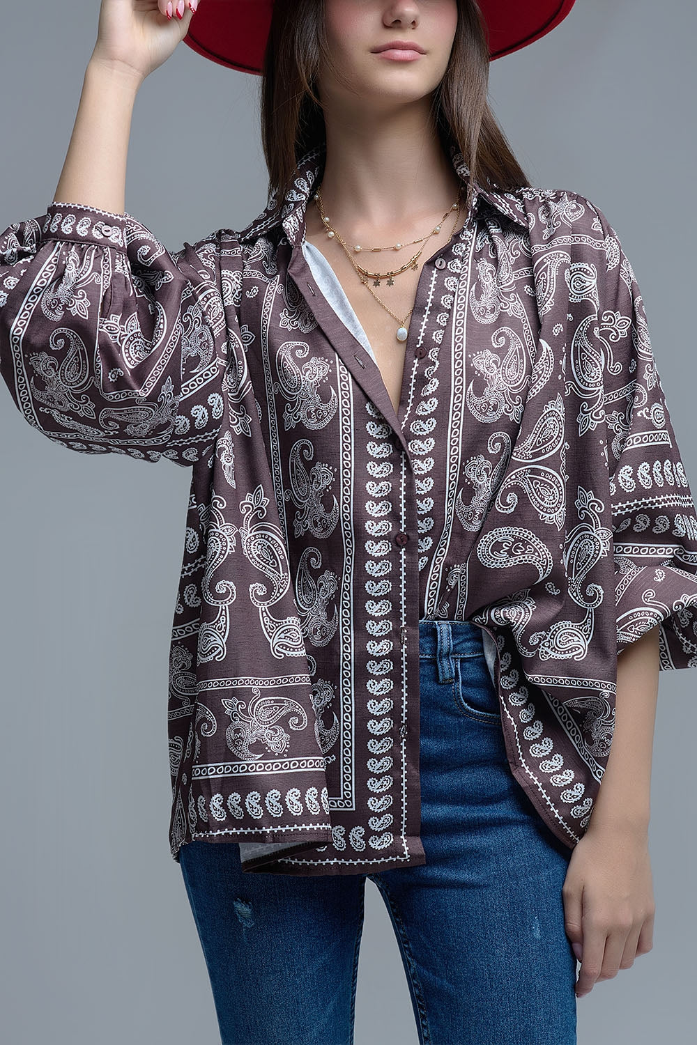 Brown Paisley Shirt With Voluminous Sleeves