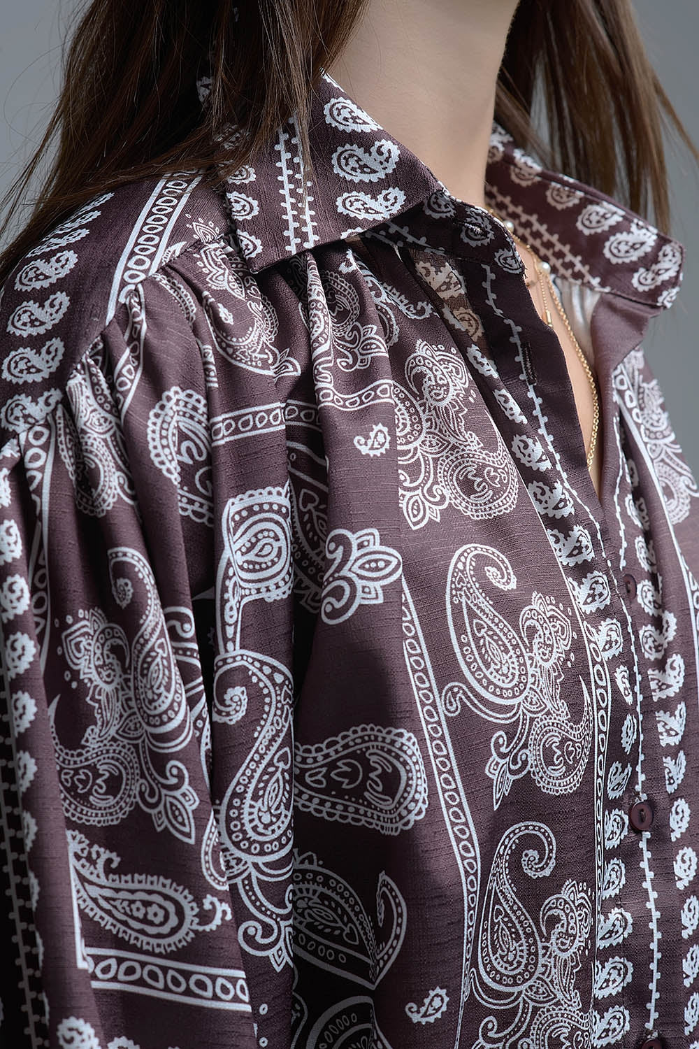 Brown Paisley Shirt With Voluminous Sleeves