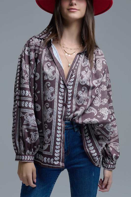 Q2 Brown Paisley Shirt With Voluminous Sleeves